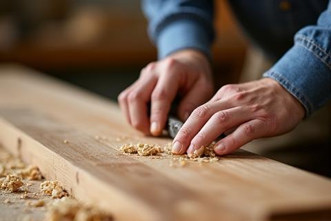 Craftsman precisely working on a piece of wood furniture